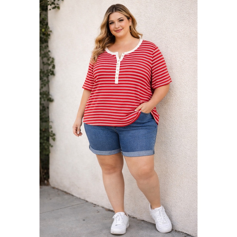 Lands End Womens 3X Red White Striped Henley Short Sleeve Ribbed Top 24W-26W